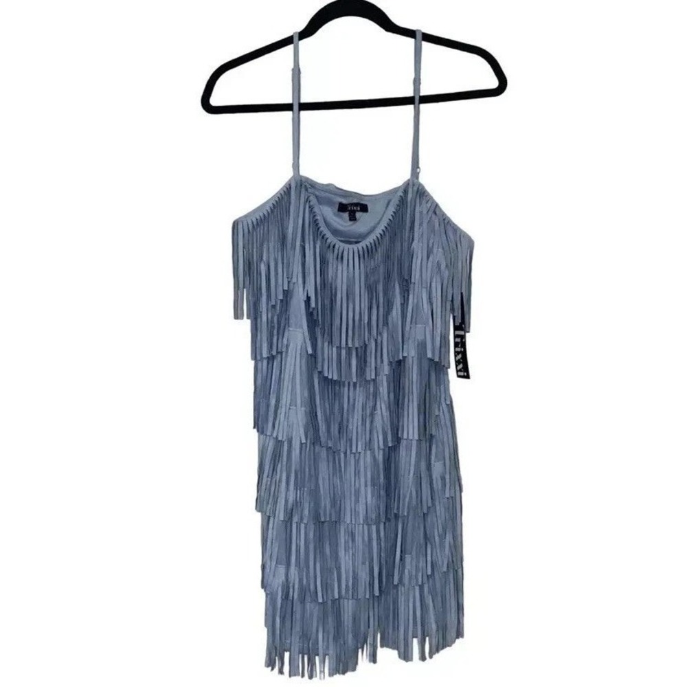 (Women's L) Trixxi Blue Vegan Suede Layered Fringe Flapper Style‎ Short Dress